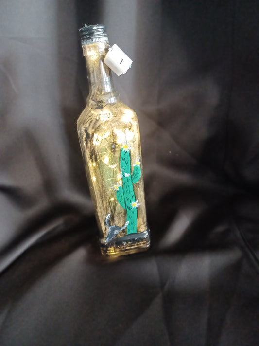 Hand painted bottle w/cactus, bath salt, & fairy lights