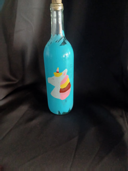 Hand painted bottle w/ unicorn, bath salt, & fairy lights