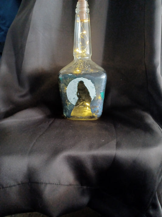 Hand painted lg bottle w/ moon, girl silhouette, & fairy lights