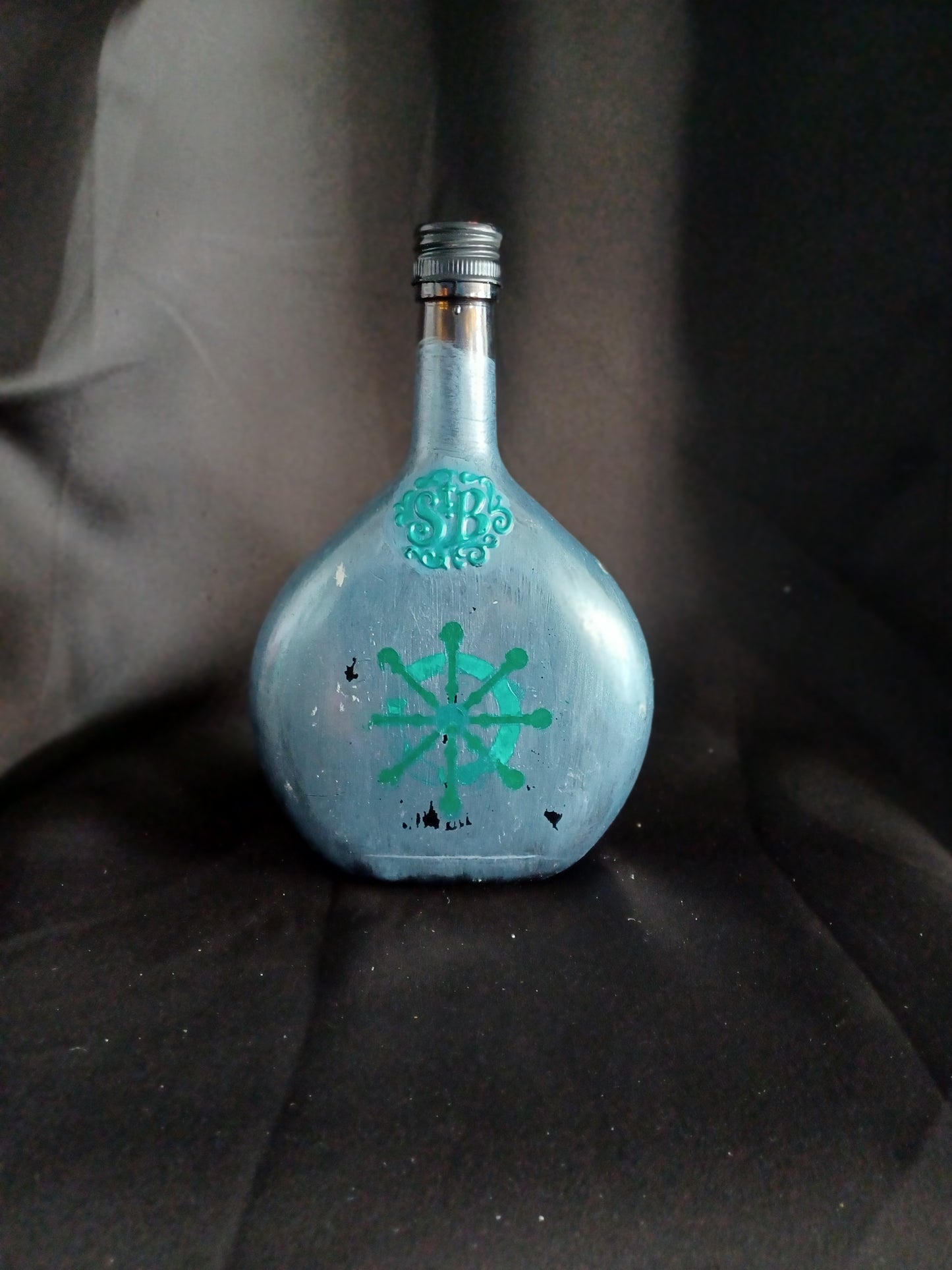 Hand painted lg bottle w/ ship wheel & fairy lights