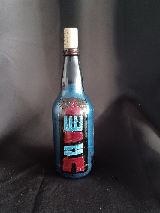 Hand painted bottle w/ lighthouse & fairy lights