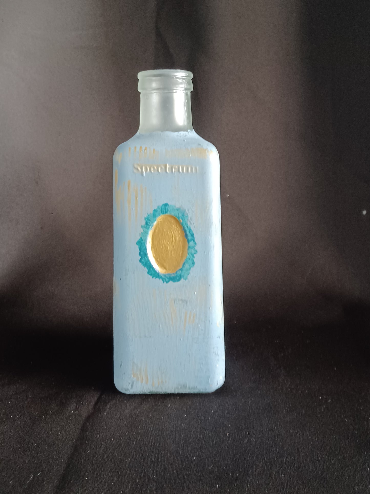 Hand painted bottle light blue w/ gold accents, bath salt, & fairy lights