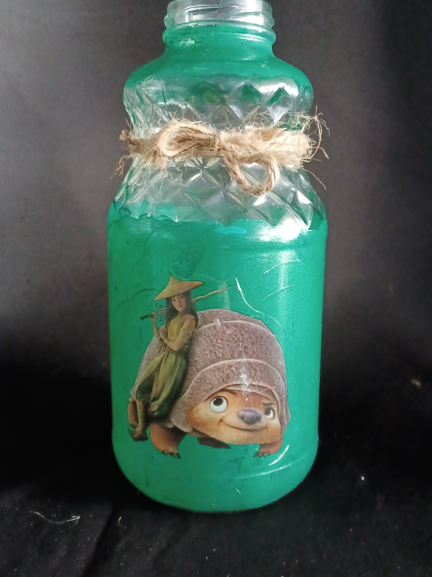 Hand painted jar w/ Raya, green, rope