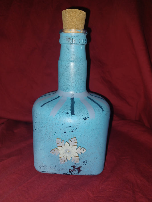 Hand painted light blue bottle w/ snowflake, bath salt, & fairy lights