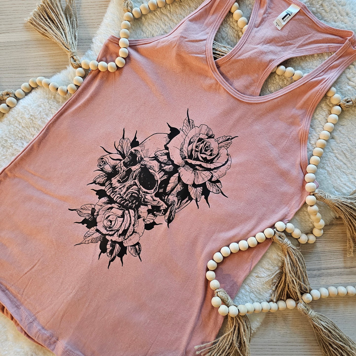 Tank Top Racerback Skull Roses, Desert Pink