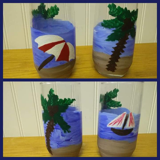 Hand painted set of dinking glasses w/ beach scene