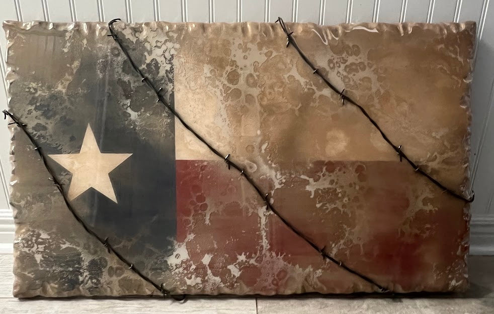 Texas Flag Wall Art with Barb Wire- 34x20"