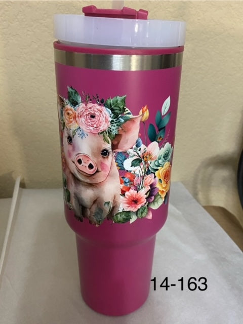 pink 40oz tumbler with handle piggy