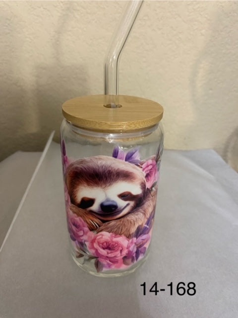 clear glass libby cup with wood lid sloth