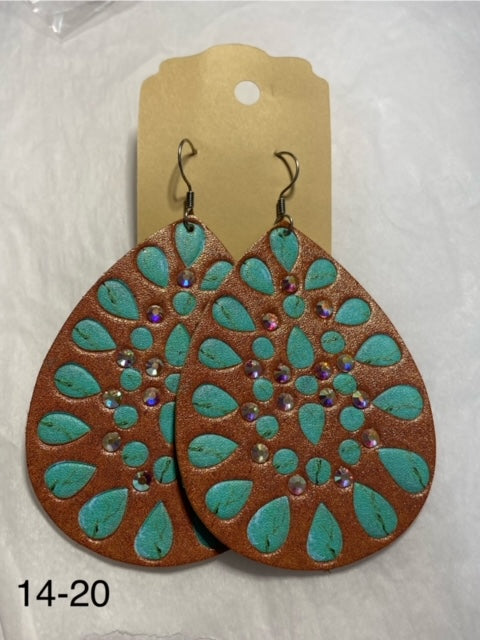 Leather turquoise/iridescent stone earrings