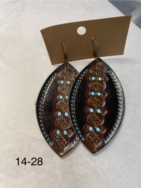 Leather brown spot turquoise earrings