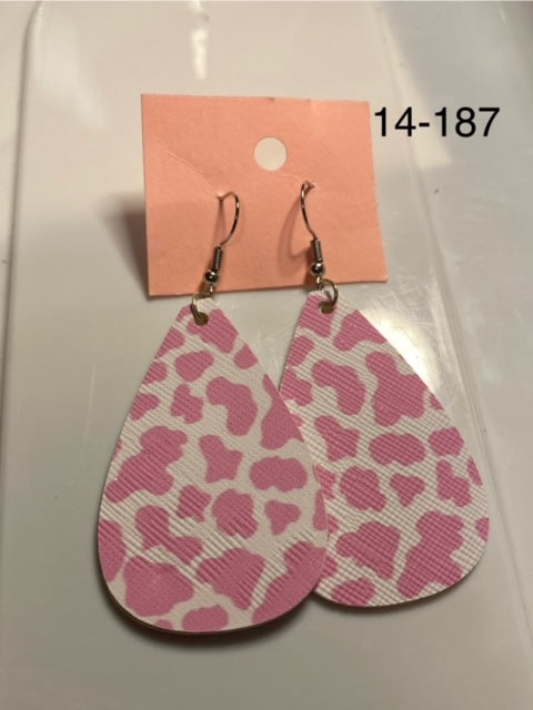 pink cow print faux leather earrings