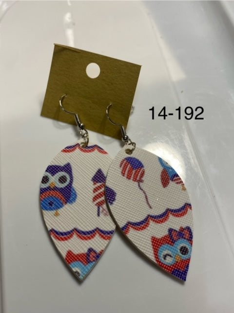 owl red/white/blue faux leather earrings