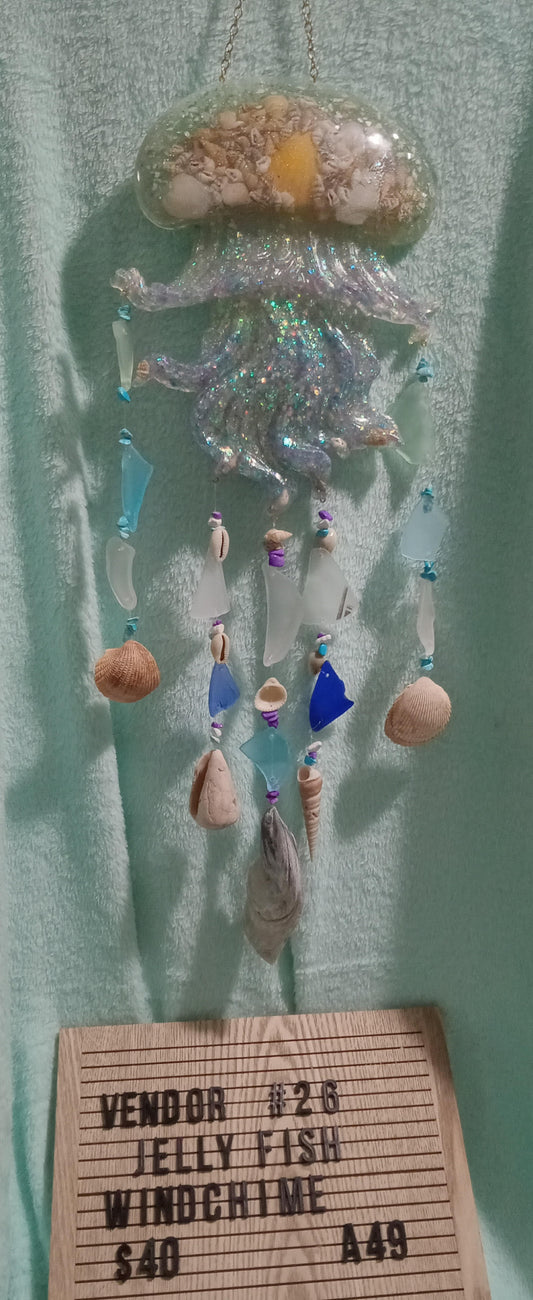 Resin Jellyfish Windchime w/ seashells and seaglass